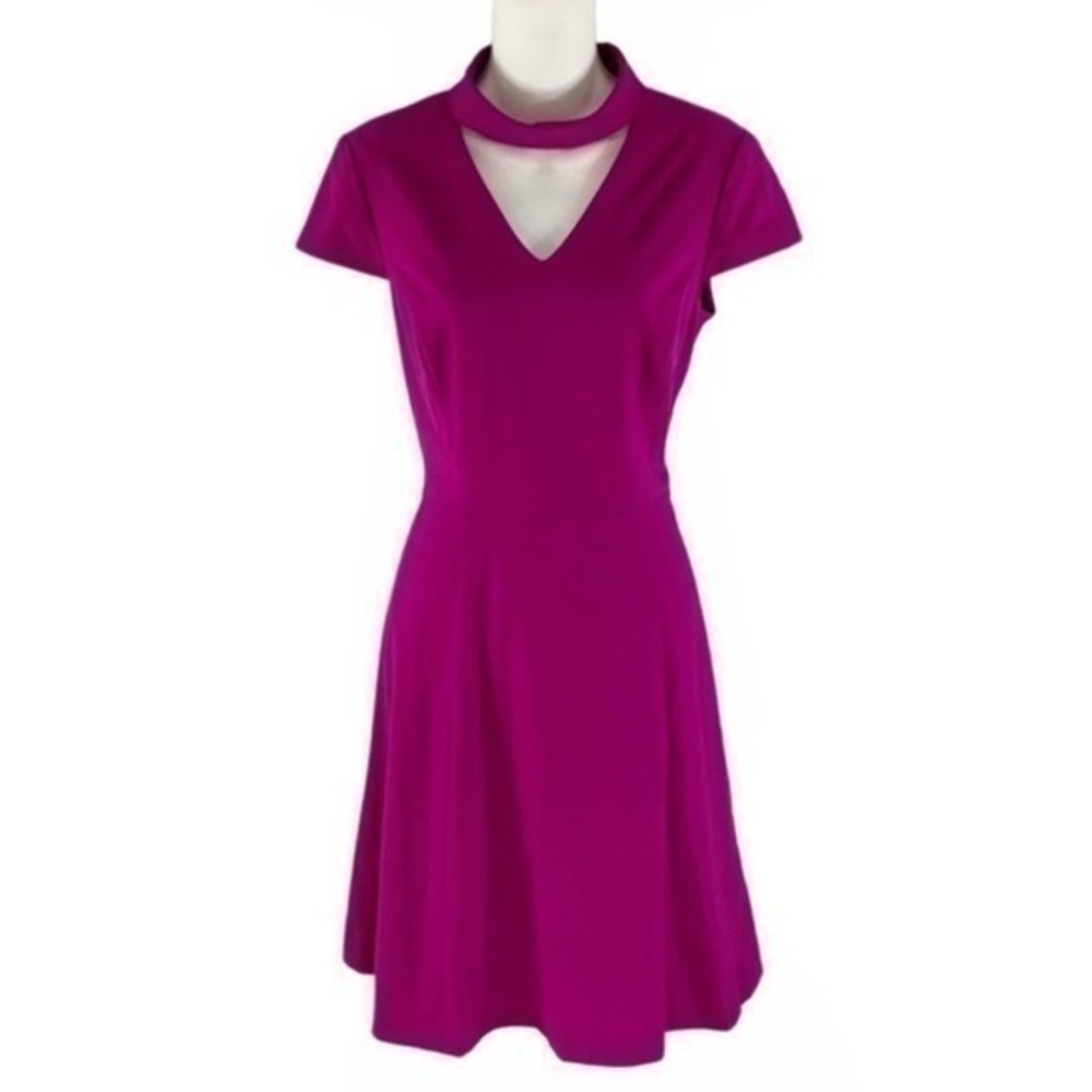 Tahari magenta choker cutout flare dress